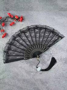 Chinese Traditional Style Feather Fan Cheongsam Female Fashion Show Folding Fan Hanfu Black Lace Fan Dance Fan Retro Chinese Fan, Classical Lolita Lace Fan Cheongsam Fashion Show Photo Folding Fan Dark Style Lace Fan Photo Props - Multicolor - View 14