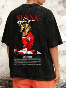 Vintage Men's T-Shirt In A Used Look, 100% Cotton, With A Print Of The Legendary MP4/4 Racing Car, F1 Motif, Casual Crew Neck, Short Sleeves, Loose And Comfortable, Suitable For Everyday Wear, Summer Clothing, A Gift For Men. - 黑色 - 查看 2
