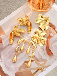 6pcs Fashion Minimalist Elegant Faux Pearl Flower, Heart, Irregular Geometric Liquid Gold Metal Stud Earrings Set, Suitable For Women's Holiday, Party, Banquet, Festival, Birthday, Daily Wear - Yellow Gold - View 9