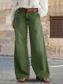 New Women's Loose Fit Wide Leg Casual Washed Denim Jeans - Green, High Quality Jeans Spring - Army Green - View 2