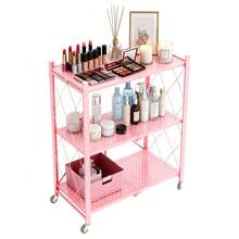 Upgraded Home 3-Tier Foldable Storage Shelf With Wheels ,Collapsible Shelving Unit,750 Lbs Large Capacity Storage Trolley,Display Metal Rack, Rolling Cart For Books,Kitchen Storage Shelves, Garage Storage,Pantry & Closet Organizer, Office Room,Decor,Bathroom(Black/White/Pink/Green),No Assembly - 查看 4