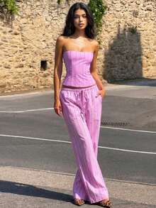 Women's Elegant Pink Striped Drawstring Wide Leg Pants, Chic Casual Vacation Pants - Pink - View 4