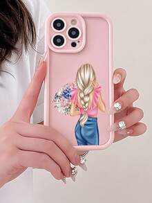 Fashionable, Popular, Personalized, Cartoon Back View Of Blonde Girl With Braided Hair Holding Bouquet Pattern Design Theme Luxury Shockproof Aesthetic Cute Phone Case, Soft-Touch Ultimate Grip, Waterproof & Durable, Dirt-Resistant, Bumper Cover With Camera Protection, Compatible With Iphone 17/17Pro/17Pro Max, 16 - Pink - View 1