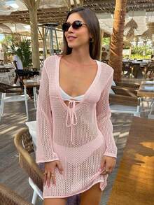 Áo khoác đi biển dài tay dệt kim cổ chữ V khoét sâu gợi cảm dành cho nữ, thích hợp cho kỳ nghỉ xuân/hè. - Hồng - Xem 3