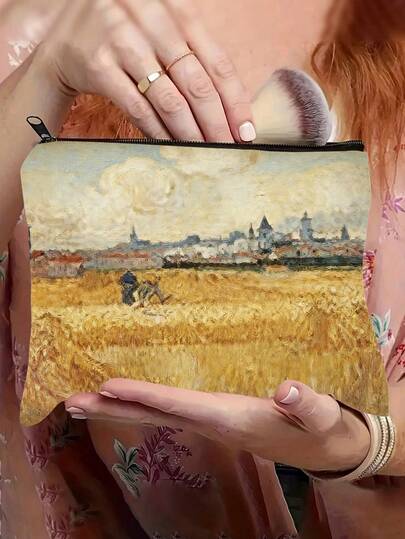 印象派风景印花收纳袋，复古麦田城市印花化妆包，耐用时尚，送礼佳品，便捷拉链设计，送给女友、姐妹的最佳礼物，便携式化妆包，学生铅笔盒，化妆品礼品袋，拉链收纳袋，旅行包，零食袋，洗漱包，整理收纳袋 - 女士多功能包