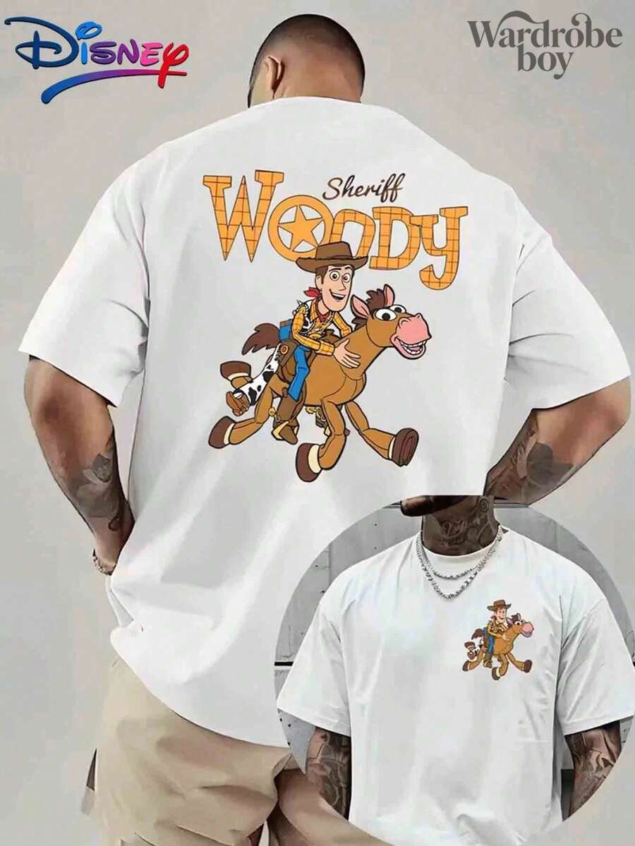 Disney Printed T-Shirt,Disney "Toy Story"Woody Pattern T-Shirt,,High-Quality Pure Cotton T-Shirt,Suitable For All Seasons, Comfortable And Breathable| Exquisite Design | The Best Choice For Giving Gifts - 白色 - 查看 1