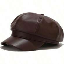 Women's PU Leather Newsboy Cap 8 Panel Paperboy Newsie Cap Bakerboy Beret Cabbie Hat, Fashionable Headwear - Dark Brown - 查看 13