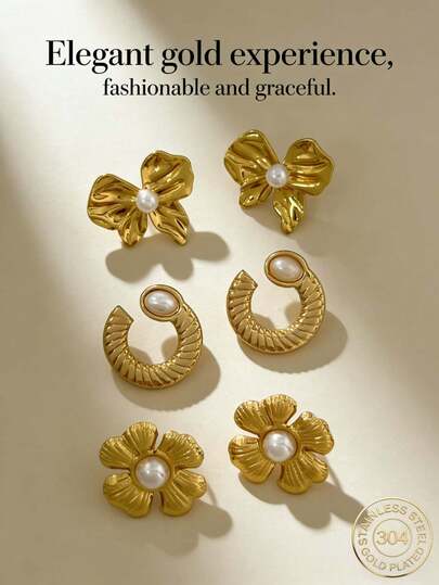 温柔优雅的金色花朵、珍珠和几何造型女士耳钉。时尚宣言几何纹理轻盈低敏耳环，复古珠宝，适合舞会派对，可作为女士礼物。女士耳钉，时尚厚重独特吊坠耳环，女士镀金耳环套装，精致镀金吊坠耳环，低敏耳环，时尚配饰，女士礼物，派对礼物。