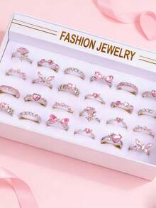 10枚/套 优雅时尚粉色水钻戒指，蝴蝶和心形，浪漫约会/情人节礼物，日常佩戴饰品 - 粉色 - 查看 1