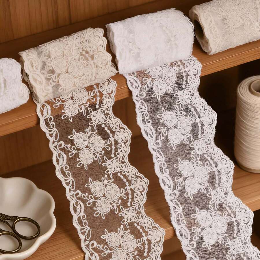 Vintage Crown Lace Satin Applique, Elegant Embroidered Lace Trim Suitable For Wedding Dress, Bridal Veil, Spring Wedding Decor, DIY Sewing Crafts, Curtains, Tablecloths And Home Decor - 網狀蕾絲 - 查看 1