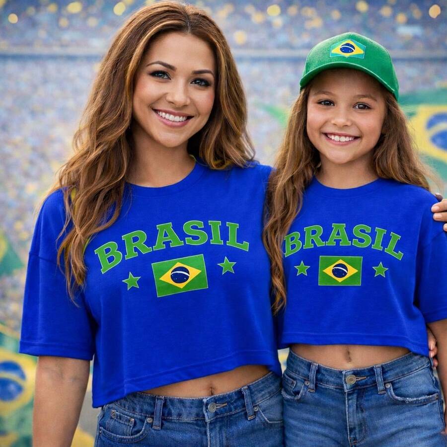 Cropped Oversized T-Shirt For Children 2 To 15 Years Old - BRAZIL / WORLD CUP! - 黄色巴西心 - 查看 1