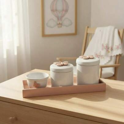 Kit Higiene Bebê Borboleta Bandeja Retangular Quarto Menina Cuidados Bancada K052