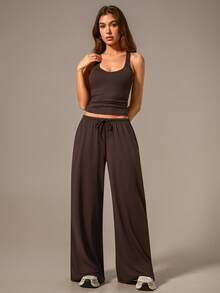 NcmRyu 1 Set Women's Crisscross Strap Tank Top And Wide Leg Drawstring Pocket Pants Sports Suit - Coffee Brown - View 11