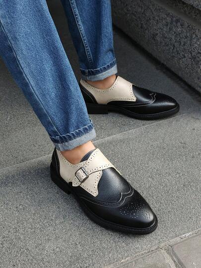 1 Pair Color Block Patchwork Vintage Faux Leather Men's Casual Oxfords, Office & Daily Wear, British Style