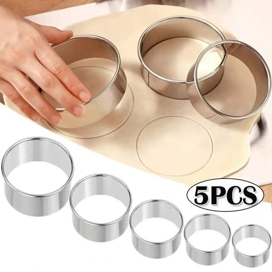 Bộ 5 khuôn cắt bánh quy tròn bằng thép không gỉ - Không cần điện | Dụng cụ làm bánh đa năng dùng để làm bánh bao và bánh quy