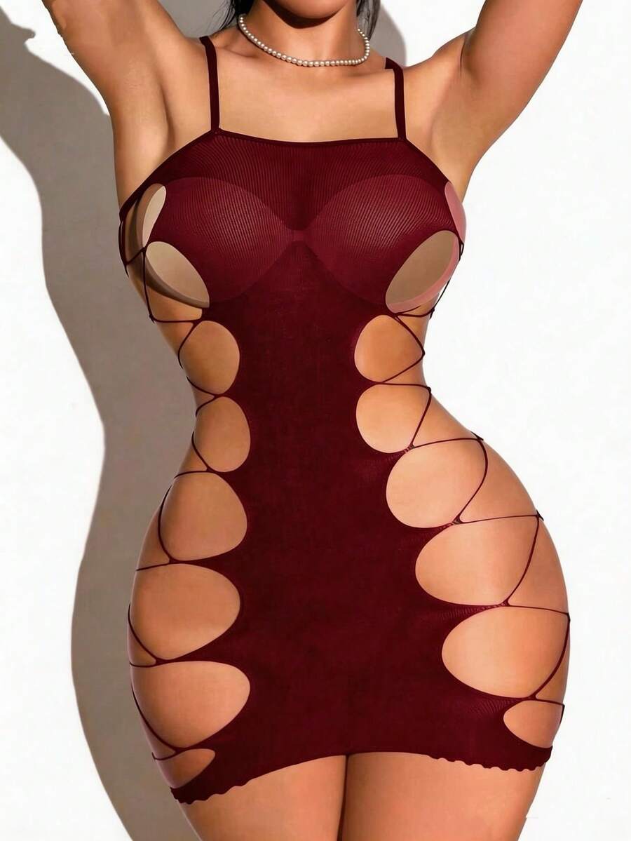 Sexy Women's Lingerie Set, Mischievous Rhinestone Fishnet Bra And Panty Set, Teddy Bear Mesh Carnival Costume Intimate Apparel - Sauce Red - View 1