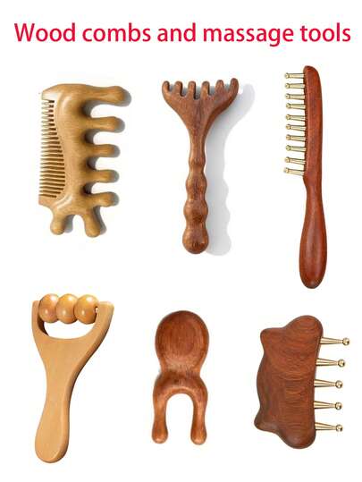 天然檀香木梳，头部、面部和耳部穴位按摩放松工具，便携式按摩刷套装，情人节、母亲节、馈赠亲友佳品，促进头发生长，不产生静电，深层按摩头皮。每把梳子都拥有独特的木纹和颜色。