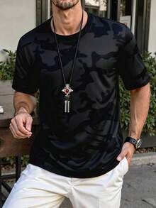 Camouflage Summer T-Shirt For Men, Black & Gray Camo Design, Versatile Daily Wear Short Sleeve Sports - Black - View 2