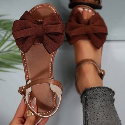 女士纯色休闲布艺蝴蝶结平底凉鞋，夏季度假必备