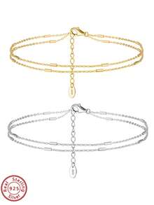 ORSA JEWELS 1pc S925 Sterling Silver 14K Gold Double Layer Chain Anklet, Minimalist Jewelry, Suitable For Women And Men For Summer Beach Vacation, Party And Daily Wear - Cable Chain - View 6