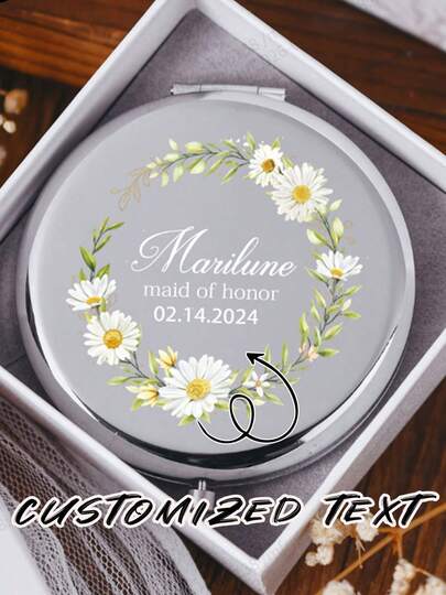 Espejo compacto con texto floral personalizado - Espejo de maquillaje plegable con nombre y fecha personalizada, regalo para dama de honor con caja de regalo - Espejo compacto floral personalizado - Espejo plegable con texto personalizado, regalo para la fiesta de boda para la dama de honor - Espejo compacto floral personalizado - Espejo de maquillaje plegable con nombre y texto personalizado, regalo para dama de honor con caja de regalo para boda