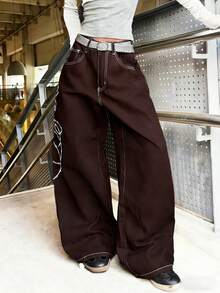 1pc Vintage American Street Style Embroidered Loose Fit Wide Leg Jeans, Comfortable Casual Versatile Denim Pants (Belt/Accessories Not Included) Spring - Coffee Brown - View 2