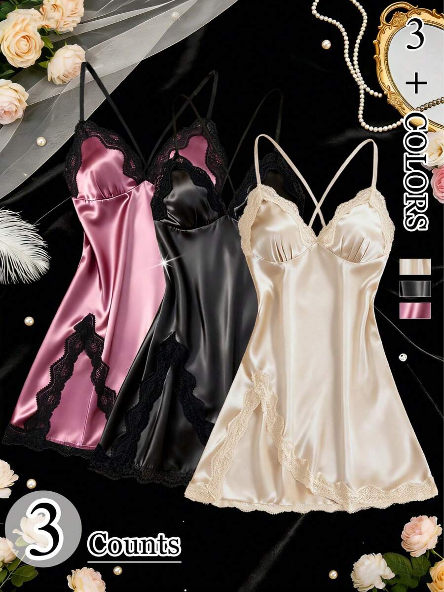 3pcs/Set Lace Trim Satin Sexy Lingerie Set, V-Neck Criss-Cross Tank Top, Bodycon Dress, Comfortable And Charming Nightgown For Women - Multicolor - View 1