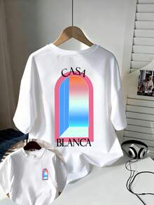 Casual Men's Holiday-Style T-Shirt, Comfortable Short-Sleeved Shirt Made Of Pure Cotton, Casual Summer Style, T-Shirt With CASA Gradient Arch Print, Everyday Wear, Simple And Stylish, Versatile T-Shirt, Spring And Summer Wear. - 白色 - 查看 1