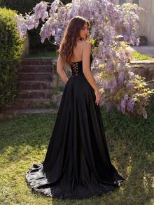 ADYCE Đầm dạ hội thanh lịch không dây vai, cổ chữ V, eo cao, xẻ tà, lưng hở, thắt nơ, thích hợp cho các buổi dạ tiệc, năm mới và các dịp khác, đám cưới, tiệc mùa xuân, màu đen. - màu đen - Xem 2