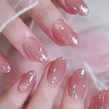 24pcs Short Oval Minimalist Ombre French Handmade Rhinestone Fake Nails, Suitable For Students, Ladies Party, Daily Wear - Multicolor - View 6