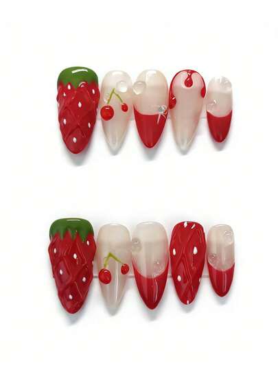 10片纯手工制作美甲贴片，长款杏仁甲型，红色美甲，夏季水果茶风格，裸色搭配红色法式撞色，手绘3D草莓樱桃水滴装饰，可爱甜美美甲贴片，适合女性和女孩，春夏秋冬节日派对及日常生活使用。
