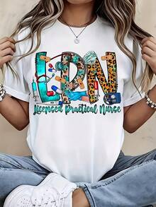 Women'S Casual LPN Nurse Print Lightweight T-Shirt, Crew Neck Short Sleeve Tops For Summer, Summer Vacation Clothing, Suitable For Festival & Daily Wear - 白色 - 查看 1