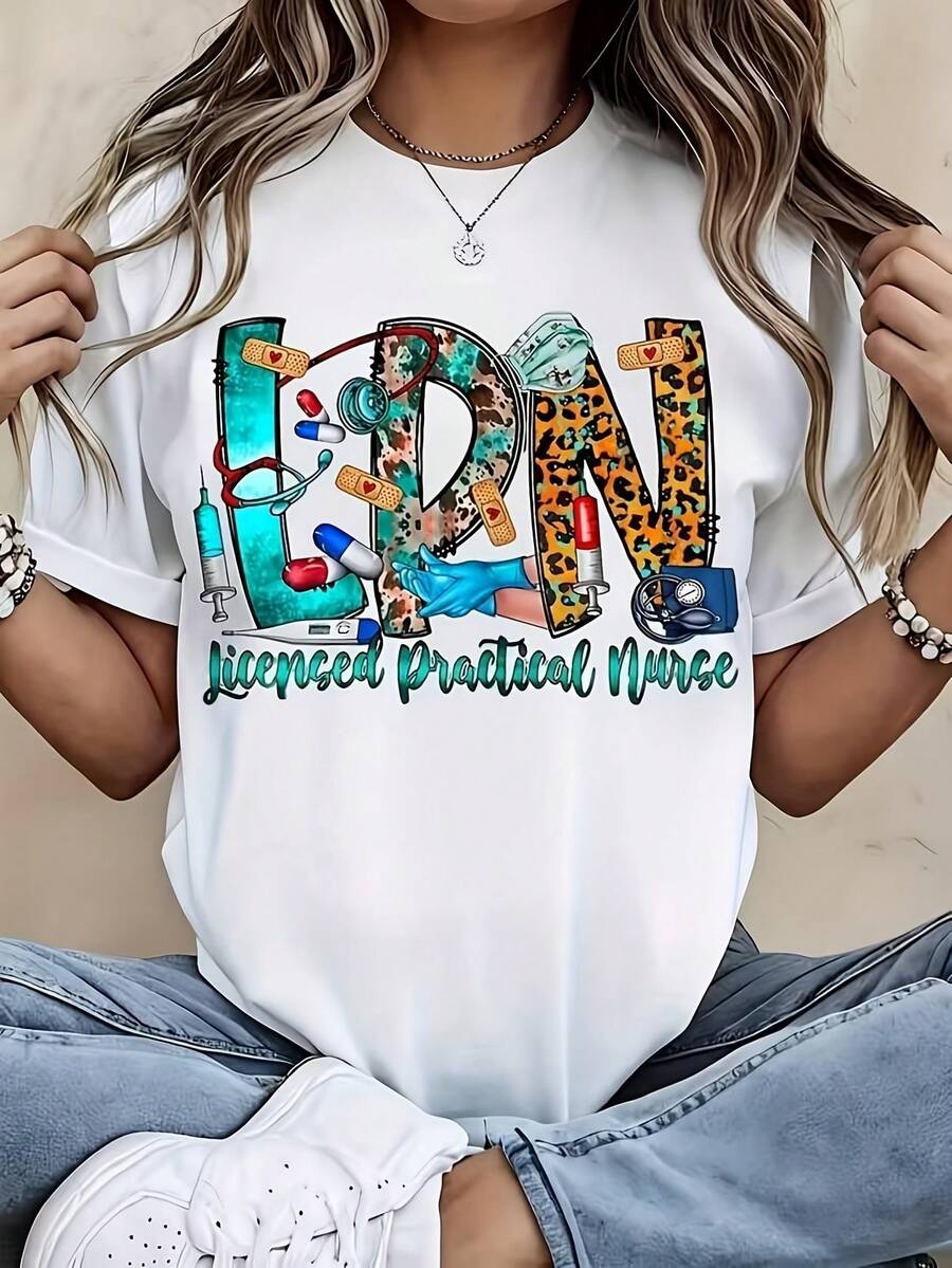 Women'S Casual LPN Nurse Print Lightweight T-Shirt, Crew Neck Short Sleeve Tops For Summer, Summer Vacation Clothing, Suitable For Festival & Daily Wear - 白色 - 查看 1