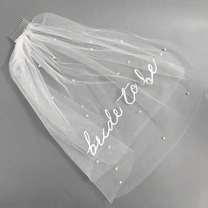 1pc Bridal Veil For Bachelorette Party | Single Layer White Lettered Veil With Comb Photo Accessories, Romantic Style