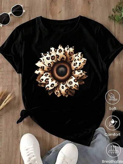 Playera Negra Ajustada con Gráfico de Flor Estampado Leopardo/Animal Print, Camiseta Estética Floral con Diseño de Guepardo, Blusa Casual de Moda de Estilo Urbano