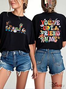 Authorized By Disney, The  Pattern Women's 100% Cotton T-Shirt-Creative Cartoon Printing, Breathable Light Fabric, Regular Round Neck Summer Street Casual Shirt, Disney Shirt, Holiday Gift, The Same For Men And Women, Relaxed And Comfortable. - màu đen - Xem 1