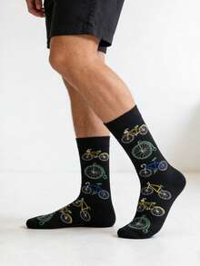 1 Pair Men's Colorful Bicycle Pattern Socks On Black Background, Casual Socks For All Seasons - Multicolor - View 7