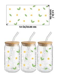 4张/套 16盎司玻璃杯包装UV DTF转印贴纸（9.4x4.3英寸），无需加热，简约可爱碎花雏菊爱心图案，波西米亚风粉彩花朵波点防水贴纸，适用于Libbey玻璃罐DIY工艺品 - Daisy 01 - 查看 6