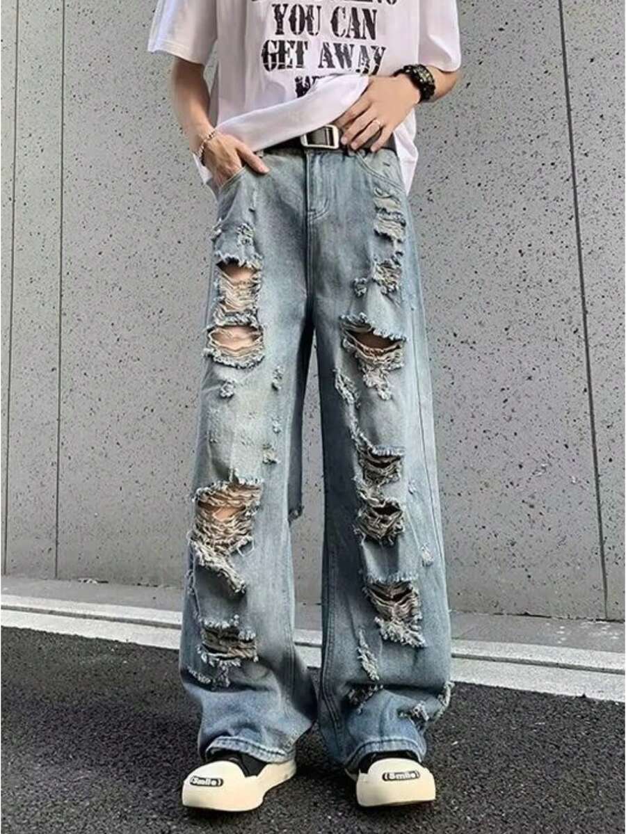 Pantalones de alta calle estadounidense 2026 jeans destrozados con estilo punk europeo y estadounidense unisex para hombre y mujer en descuento de fin de año para fiestas de Año Nuevo en invierno - Azul - Ver 1