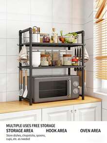 3-Tier Expandable Microwave Oven Rack, Metal Microwave Stand With Hooks, Bread Shelf, Adjustable Kitchen Storage Rack, Black 3-Tier - Multicolor - View 8