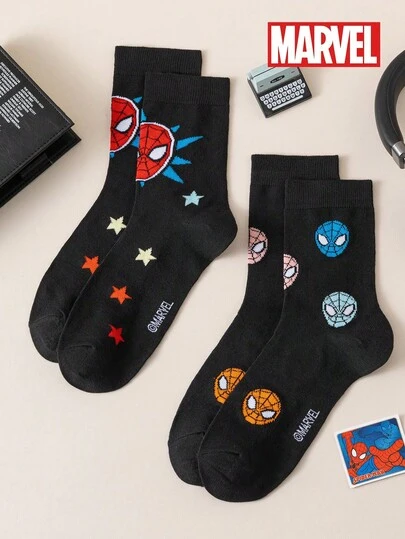 Marvel 2 Pairs Comfortable Spiderman Superhero Socks - Soft & Breathable, Mid-Calf Length, Stretchy, Moisture-Wicking, Fashionable - Ideal For Gifts, Parties, Summer Casual Wear. Spiderman/Venom Socks, Summer Breathable Socks