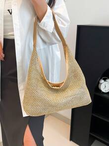 夏季女士编织手提包，时尚单肩手提包，适合通勤、海滩旅行，草编包 - 卡其色 - 查看 10