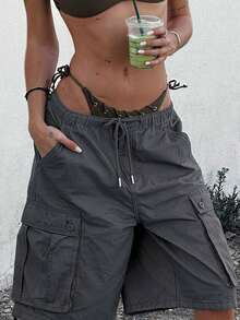 Cargo Shorts For Women Elastic Waist Knee Length  Shorts Summer Outdoor Waterproof Hiking Pants With Pockets - 灰色 - 查看 2