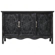Vintage Storage Cabinet Credenza With 3 Carved Doors, Rustic Buffet Cabinet With Shelves, Accent Sideboard Wood Entryway Cabinet For Kitchen, Dining Room, Living Room, Bedroom - 黑色 - 查看 10