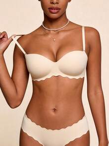 Lilivine Women's Beige Small Chest Push UP Bras, Seamless & Wireless Bralette, Solid Color Simple Daily Wear Brassiere With Soft & Thick Palm Cup, Comfortable & Breathable Sexy Lingerie, Back Closure Sports Underwear With Adjustable & Detachable Shoulder Straps, Strapless & Backless Design For Party, Wedding Or Dresses - Apricot - View 2