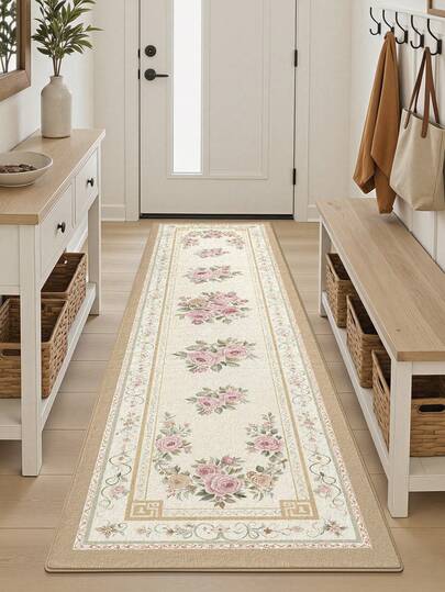 1 件装欧式花卉图案长款厨房地垫/走廊地毯，适用于浴室、厨房、户外、室内、走廊、卧室、客厅，可机洗，易于清洁的入口门垫