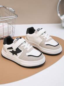 1 Pair Unisex Kids' Fashionable Minimalist Skate Shoes, Spring/Autumn New PU Hook And Loop Casual Sneakers, School/Outdoor Anti-Slip Durable Shoes - Black and White - View 2