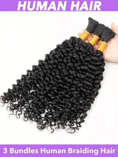 [Kinky Curly Wave Braiding Hair] 3 Bundles/Pack 150g Human Braiding Hair For Boho Braids 1416 18 20 22 Inch No Weft Micro Faux Braiding Hair For Boho Braids Curly Wave Braiding Hair Extensions Weaving Hair Extensions 12A Curly Wave Bulk Bohemian Natural Black