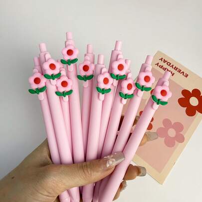 6支装极简情人节主题按动式圆珠笔，粉色花卉贴纸，优雅礼物，办公用品，书写笔，修正工具，返校必备文具，考试笔，教学笔，派对礼品，惊喜礼物