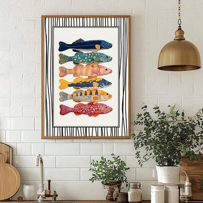1pc Framed/Unframed Colorful Fish Seafood Canvas Poster Retro Coastal Nautical Kitchen Food Wall Art Print Minimalist Aesthetic Decor Painting For Apartment,Living Room,Dining Room,Modern Home Decoration